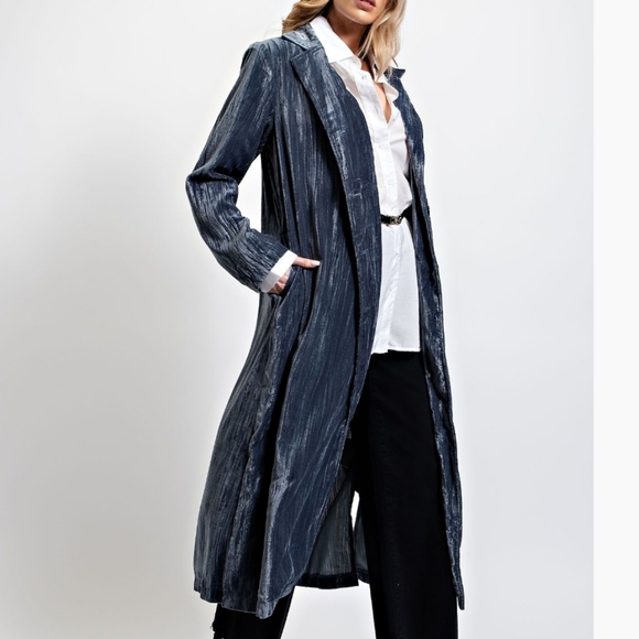New! Easel Blue Velvet Maxi Coat - Picture 6 of 7